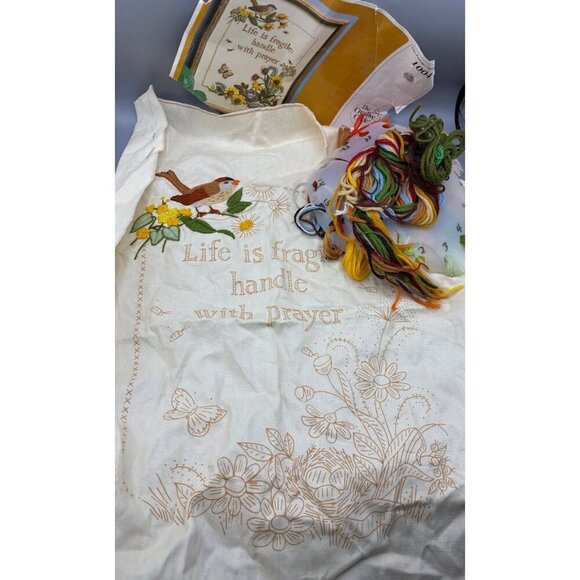 Vtg Partially Complete Bucilla Embroidery Kit "Life Is Fragile" Wall Art Decor - Picture 1 of 9